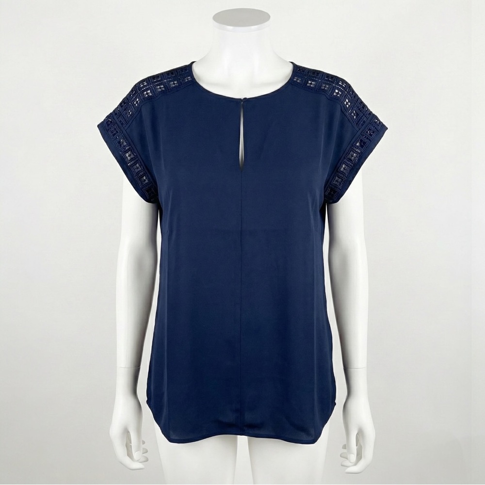 Ann Taylor Navy Blue Cap Sleeve Lace Keyhole Blouse Top Small Office Workwear